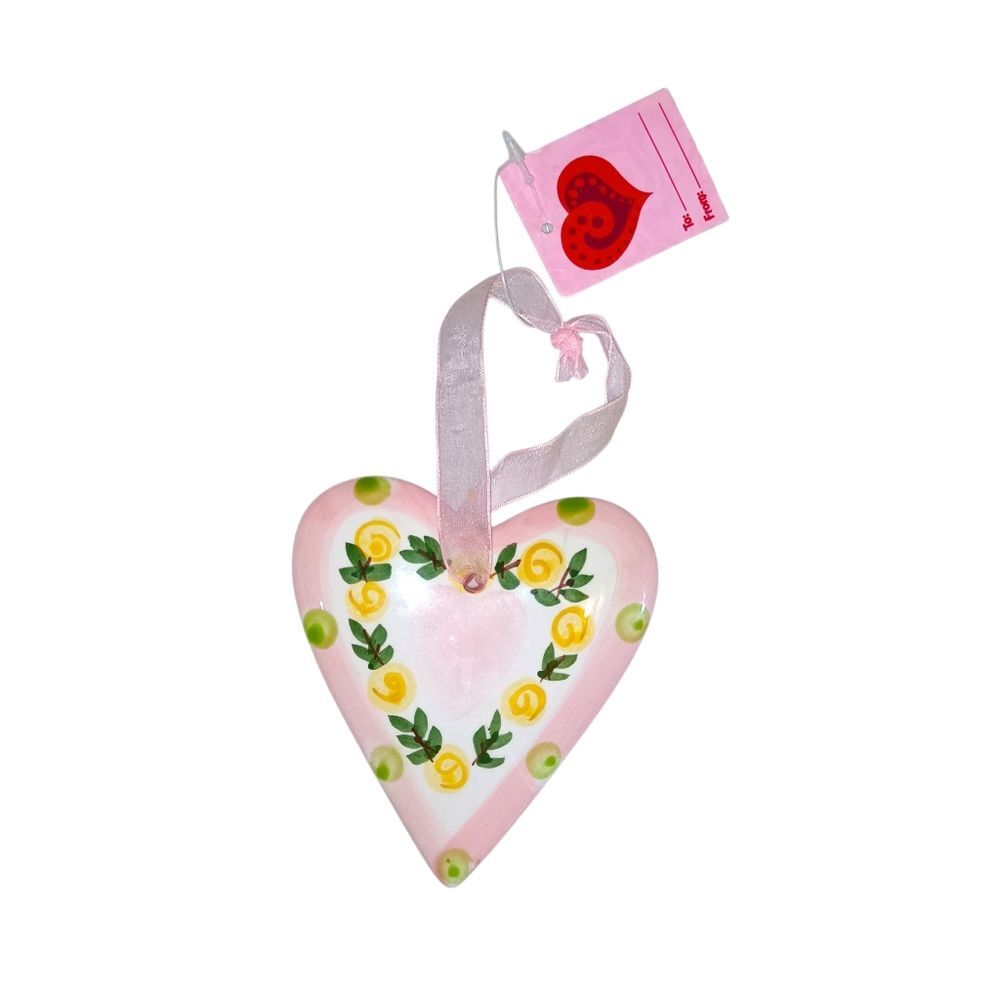 NWT Pink Heart Ornament with Floral Design Hand painted